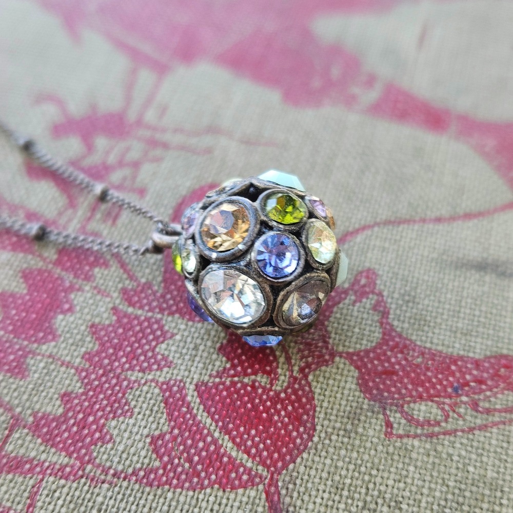 Fossil Silver Tone Multi Color Rhinestone Orb Pendant Charm Necklace